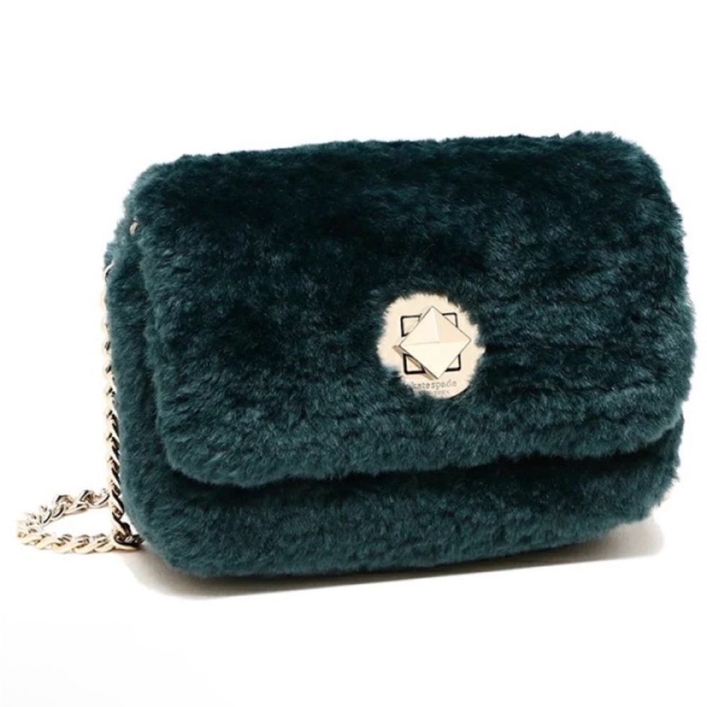 Kate Spade Audrey shearling faux fur mini crossbody bag purse green - Picture 2 of 7